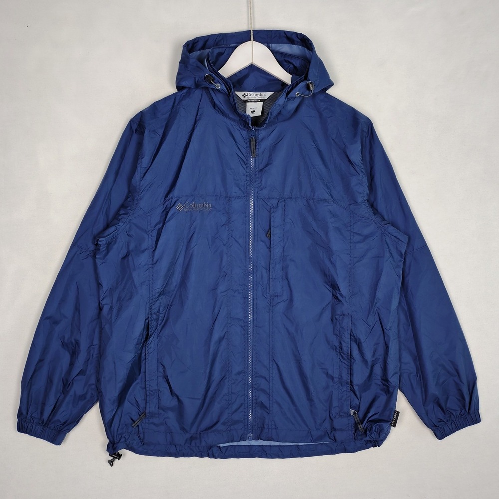 Columbia Mens Packable Windbreaker Jacket Navy Blue Hooded Full Zip RM2124 Large